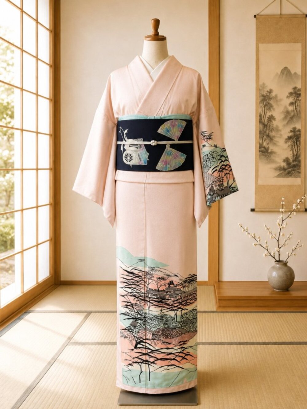 Vintage Japanese Kimono Pale Pink Landscape Robe 1940s 1950s Family Collection - Picture 6 of 6